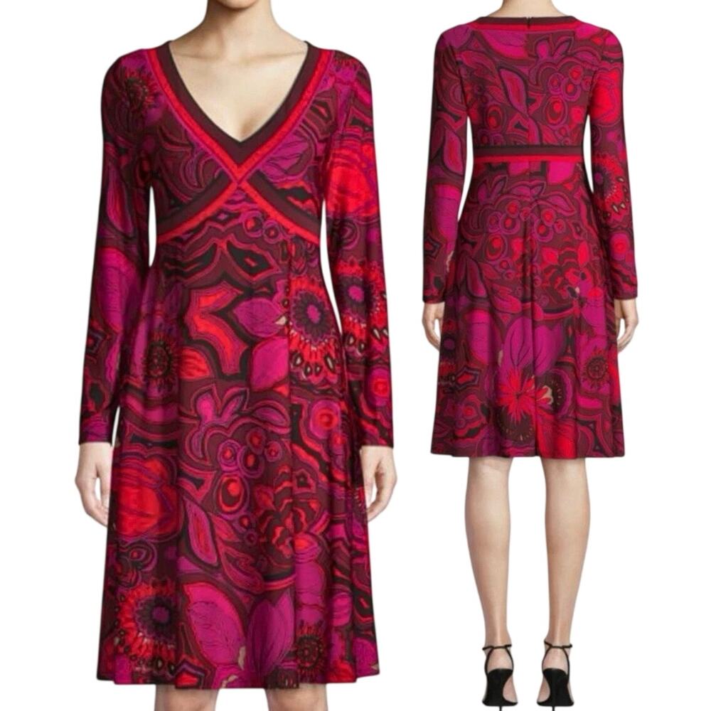 TRINA TURK Retro Floral Crisscross V-Neck Long Sleeve Dress - Sz M - NWOT